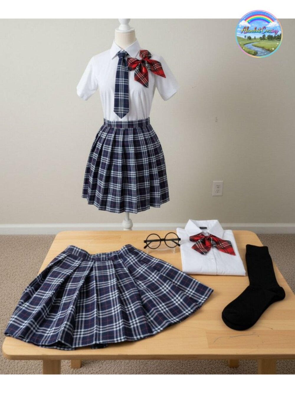 Japanese Tartan Pleated School Uniform Cosplay Costume Set with Socks